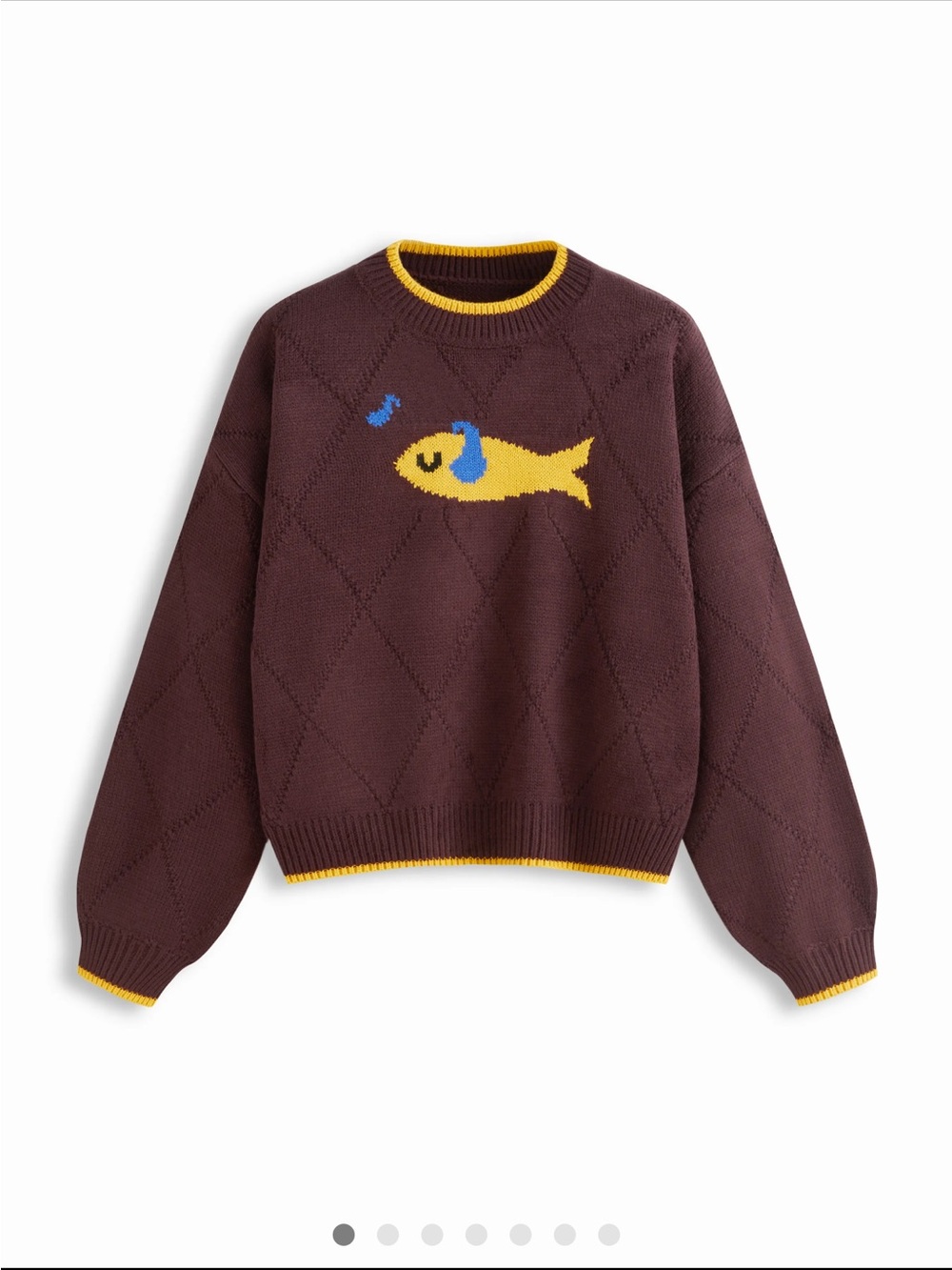 Cider Brown Crewneck Sweater with Yellow Fish and Blue Accent